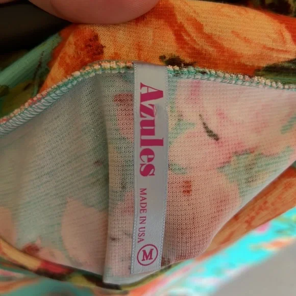 SOLD - Azules Floral Orange/Pink/Teal Pencil Skirt Medium Mint Green Peony Rose - Picture 5 of 5